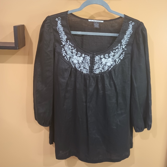 For The Republic Black and White Long Sleeve Embroidered 100% Linen Top Size 12 - Picture 10 of 16
